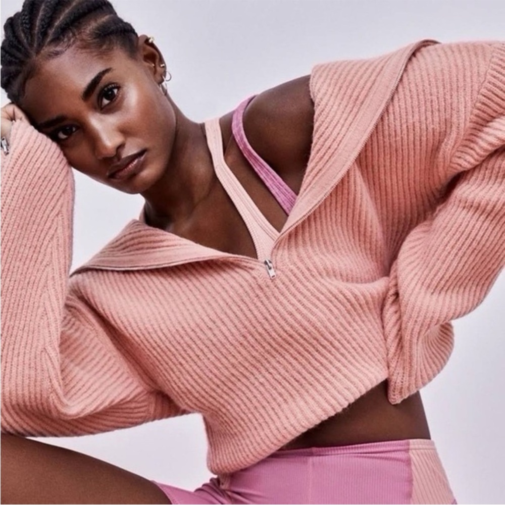 NEW NWT For Love & Lemons Ryan Half Zip Cropped Sweater In Rose Pink